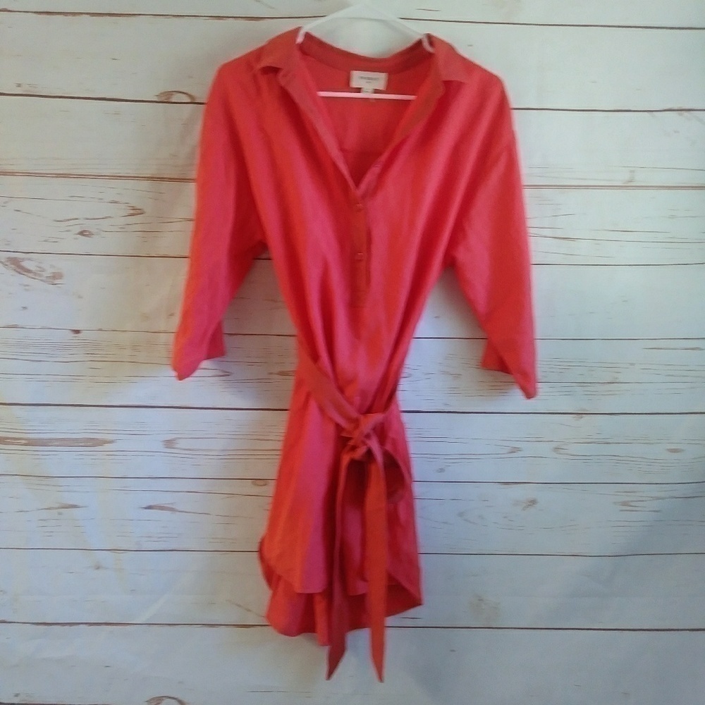 Everly Tunic Tie Button Down Dress Medium Coral‎ Orange Medium